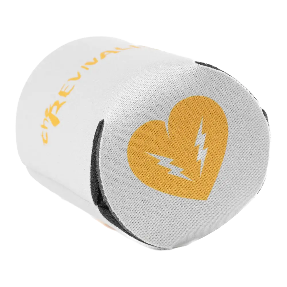 Cylindrical white object with a yellow heart and lightning bolt design.