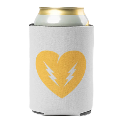 Can cooler with a yellow heart and lightning bolt design.