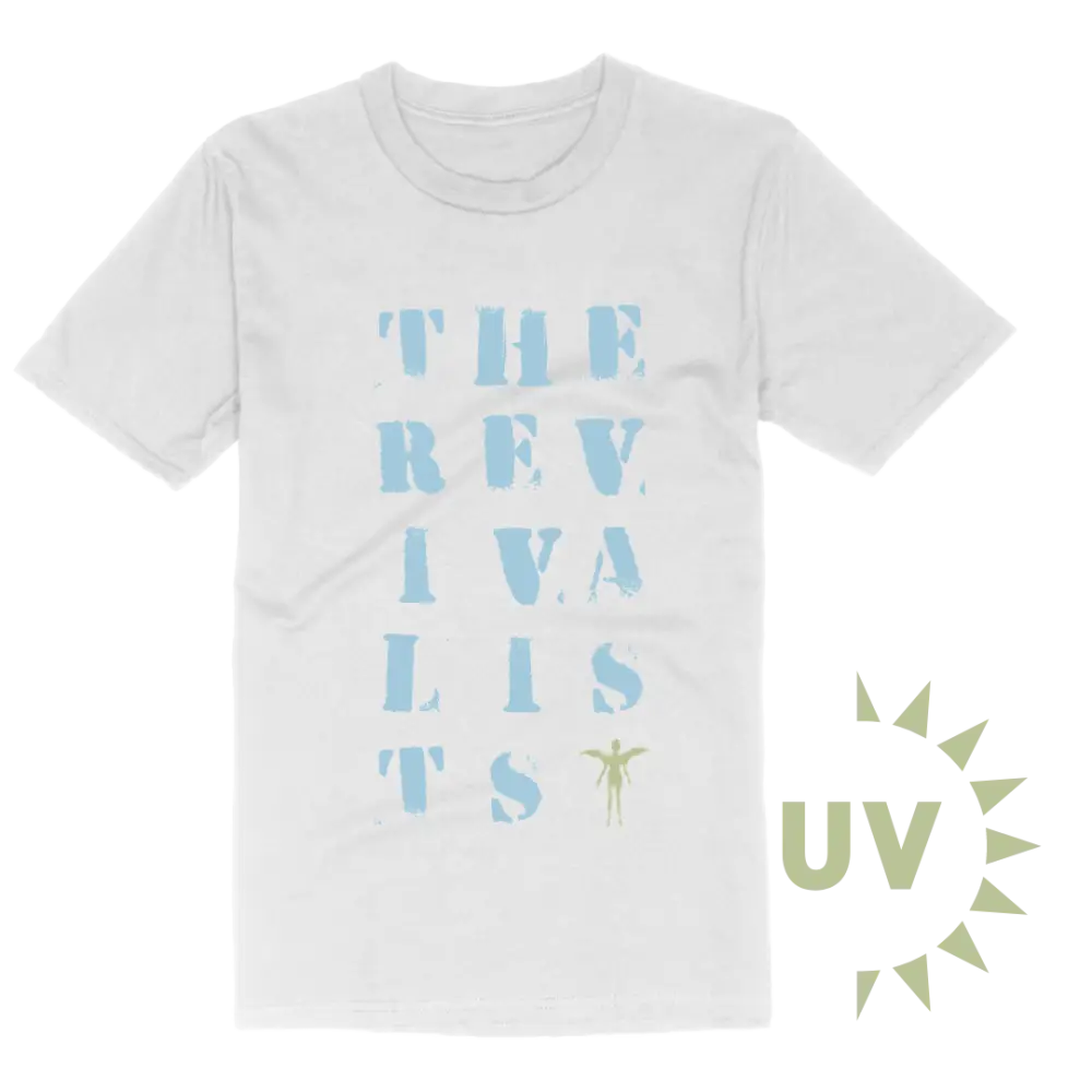 White t-shirt with light blue text reading ’THE REVIVALISTS’ and a small UV logo in green.