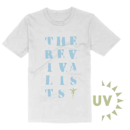 White t-shirt with light blue text reading ’THE REVIVALISTS’ and a small UV logo in green.