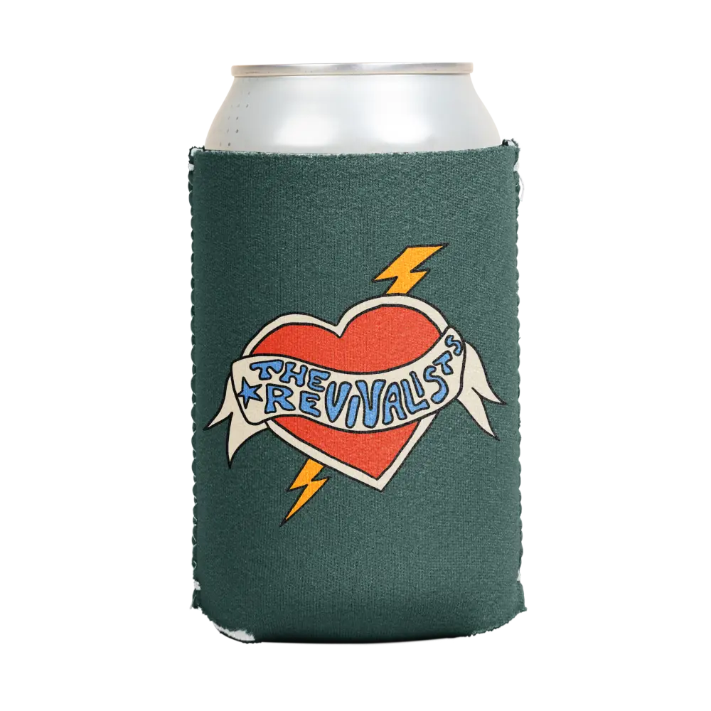 Dark green fabric banner heart koozie with red heart blue the revival’s text and yellow lightning bolts