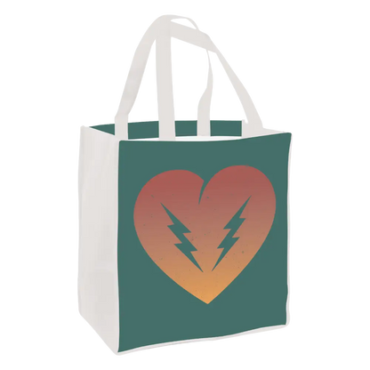 Tote bag with a heart and lightning bolt design on a teal background.