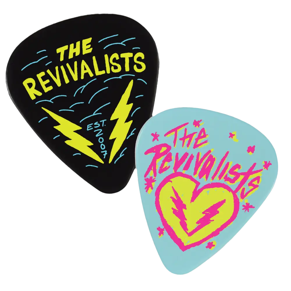 Two guitar picks featuring ’The Revivalists’ band logo designs.