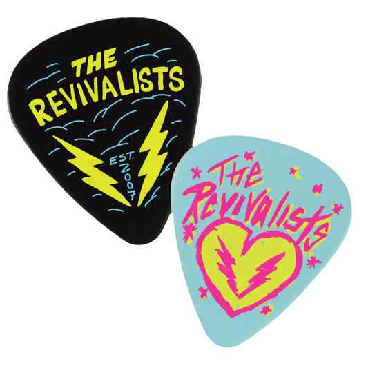 Two guitar picks featuring ’The Revivalists’ band logo designs.