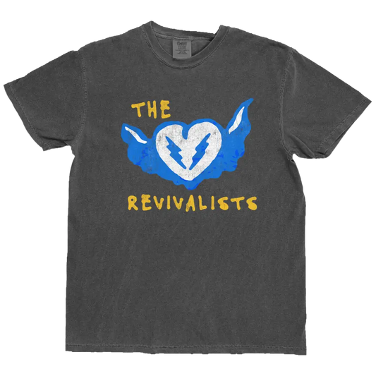 A dark gray faded cotton heart stop tee featuring blue wings and a white broken heart with yellow revivalists text