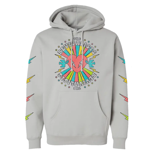 Light gray hoodie with a colorful cartoon rabbit design on the front and lightning bolts on the sleeves.