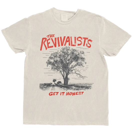 Off-white cotton honest tee featuring a black and red tree graphic with the revivalists text on front