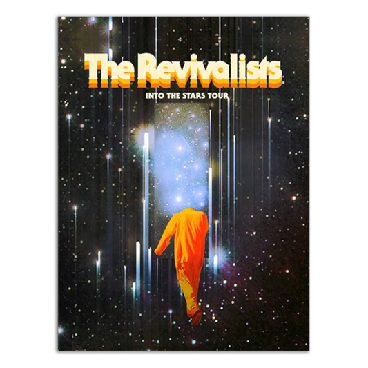 Concert poster for ’The Revivalists’ featuring a figure in an orange robe floating in a starry space.