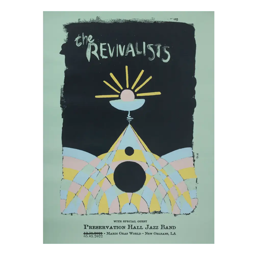 Concert poster for a band called ’The Revivalists’ featuring stylized geometric artwork of a sun and church-like structure.