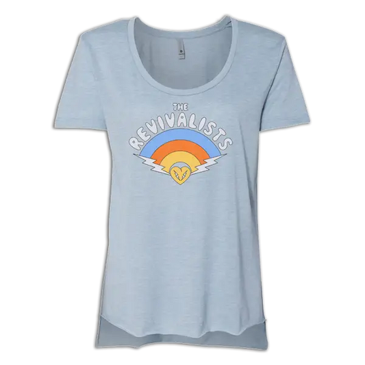 Light blue women’s t-shirt with a retro-style rainbow graphic and ’The Revivalists’ text.