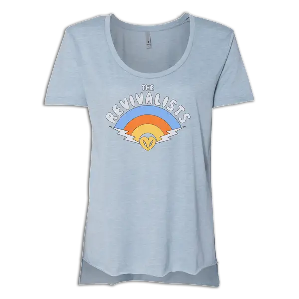 Light blue women’s t-shirt with a retro-style rainbow graphic and ’The Revivalists’ text.