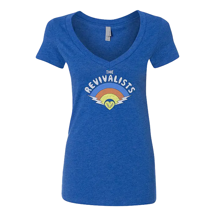 Blue women’s t-shirt with ’The Revivalists’ and a rainbow design printed on the front.