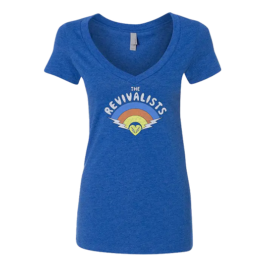 Blue women’s t-shirt with ’The Revivalists’ and a rainbow design printed on the front.