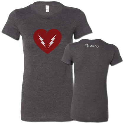 Dark gray t-shirt featuring a red heart with lightning bolts design on the front.