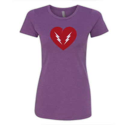 Purple t-shirt with a red heart and white lightning bolt design on the front.