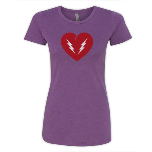 Purple t-shirt with a red heart and white lightning bolt design on the front.