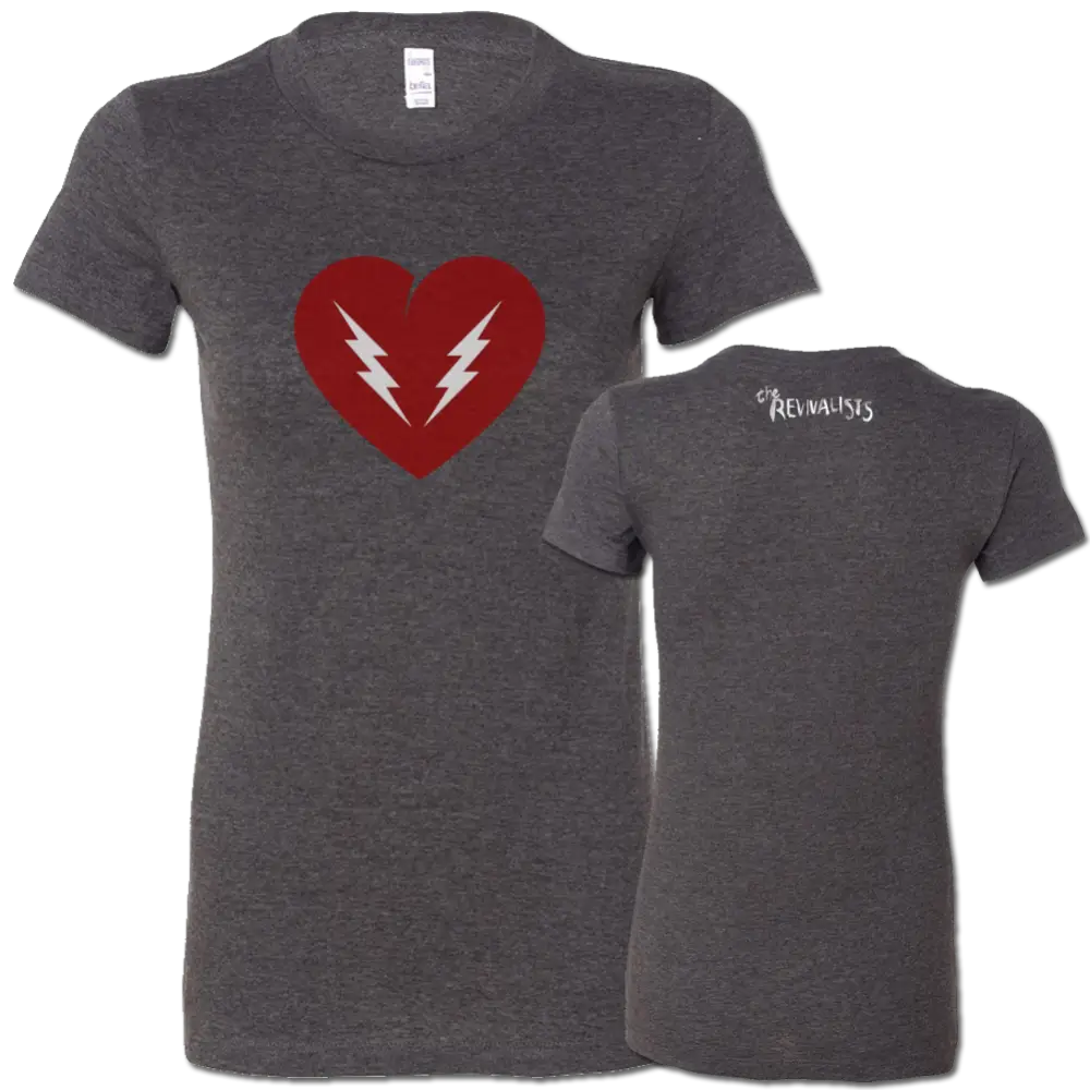 Dark gray t-shirt featuring a red heart with lightning bolts design on the front.