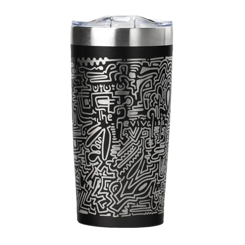 Stainless steel travel mug with intricate black and white doodle-style artwork covering its exterior.