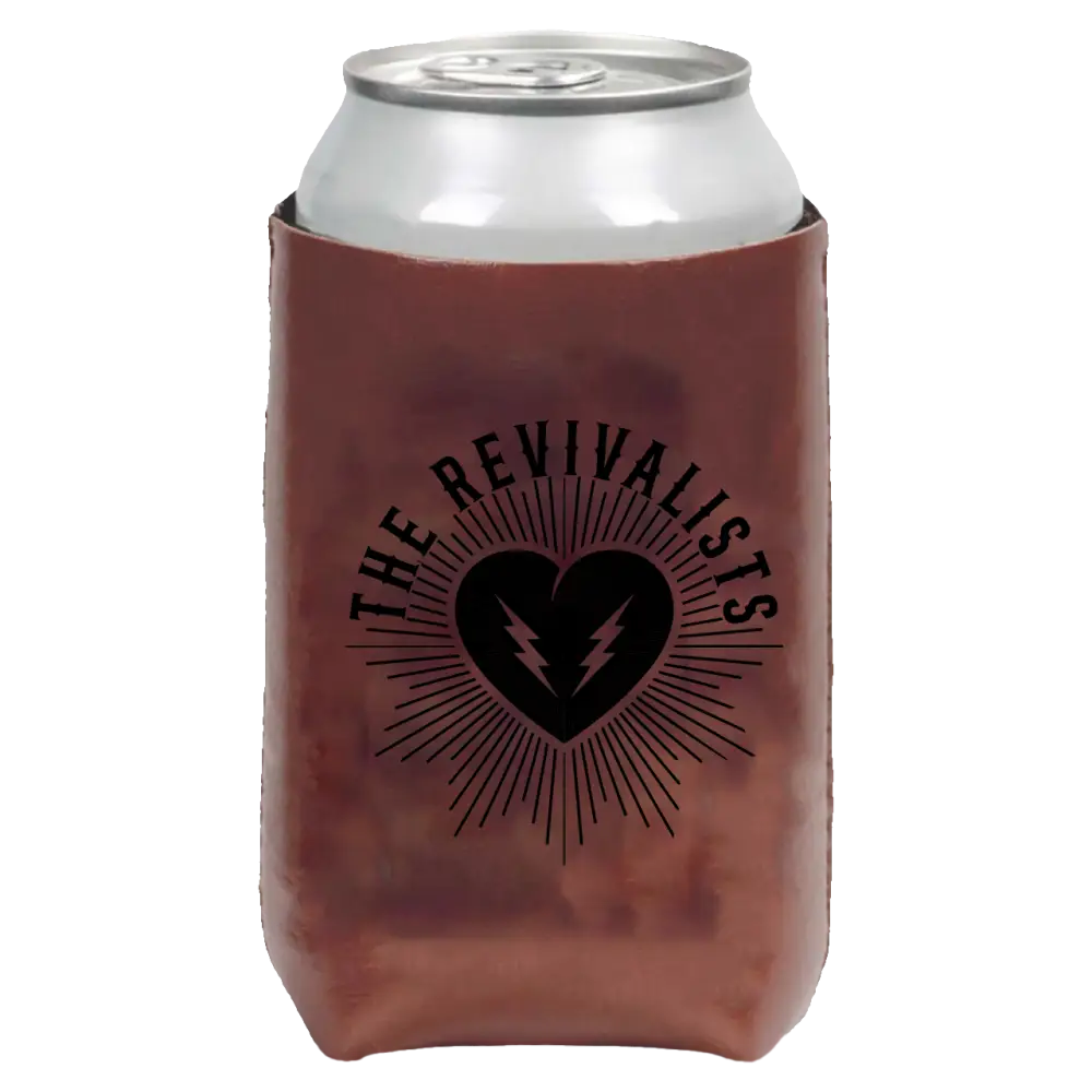 Brown can cooler with band logo.