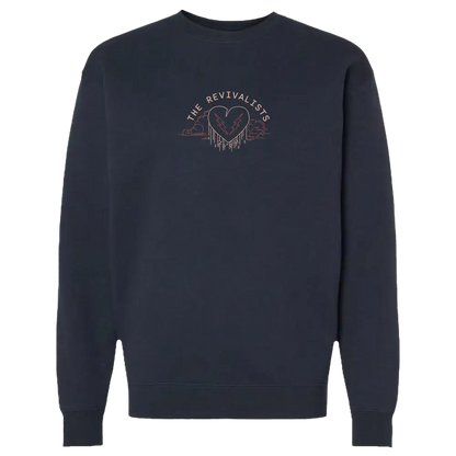 Navy blue sweatshirt with a small embroidered design on the chest.