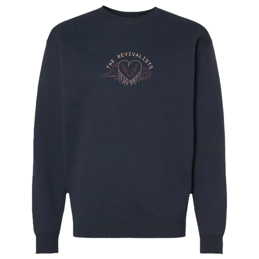 Navy blue sweatshirt with a small embroidered design on the chest.