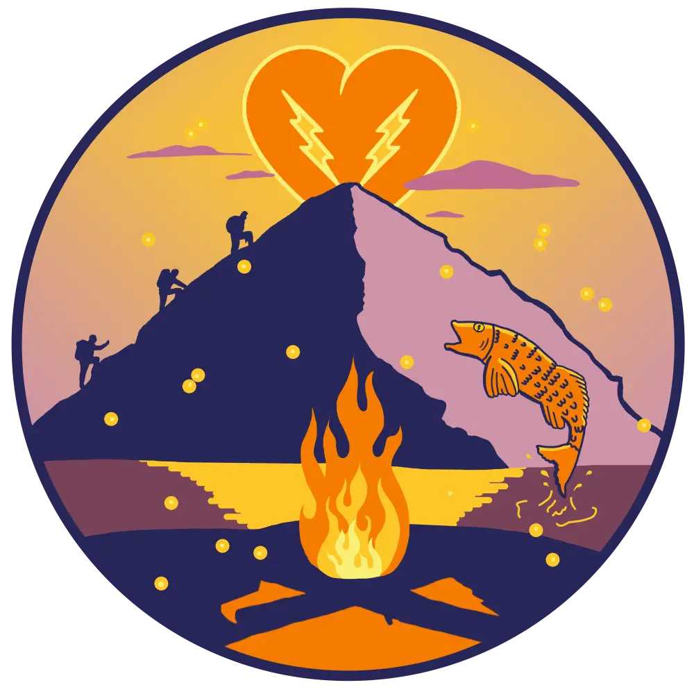 Circular emblem depicting a mountain scene with a campfire, hikers, and a fish against a sunset backdrop.