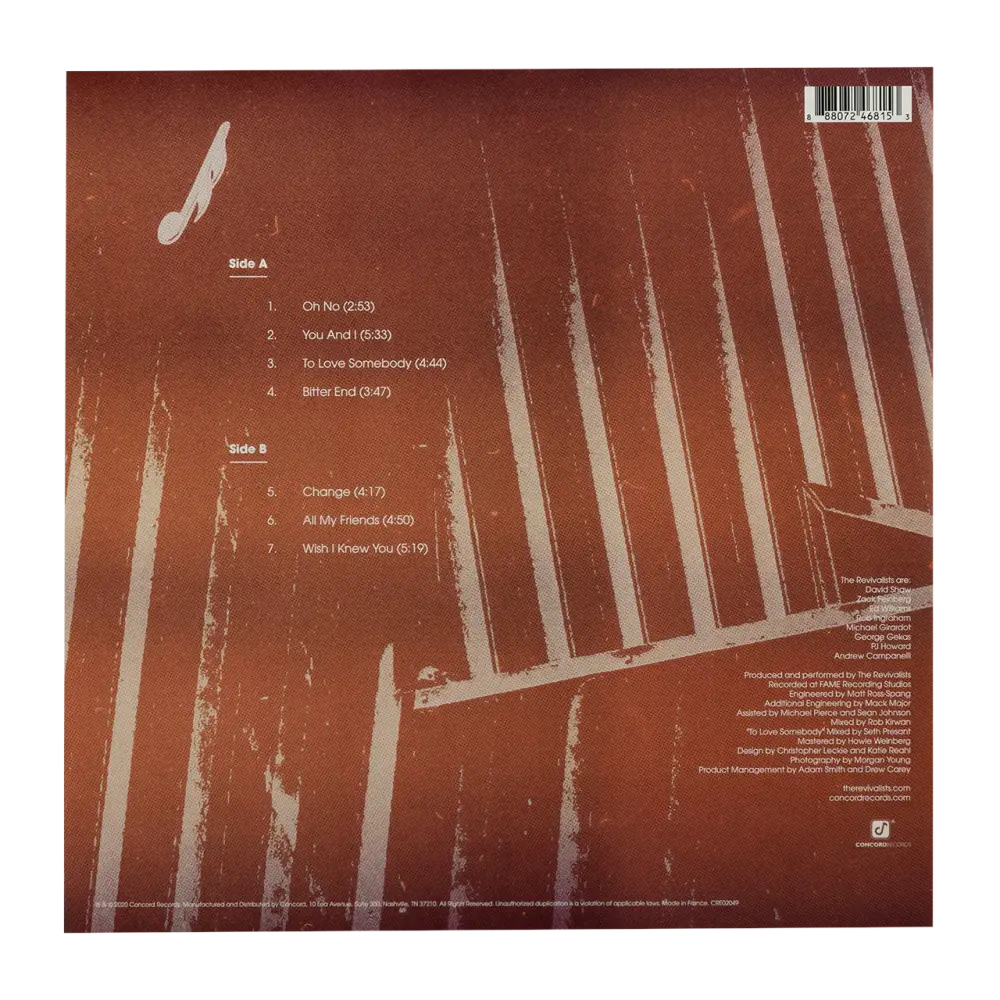 Vinyl record album back cover with track listings on a reddish-brown background.