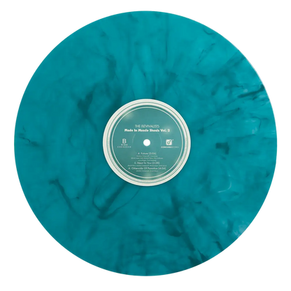 Turquoise marbled vinyl record with a white label in the center.