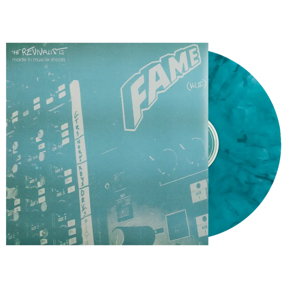 Turquoise marbled vinyl record album with ’FAME’ printed on the sleeve.