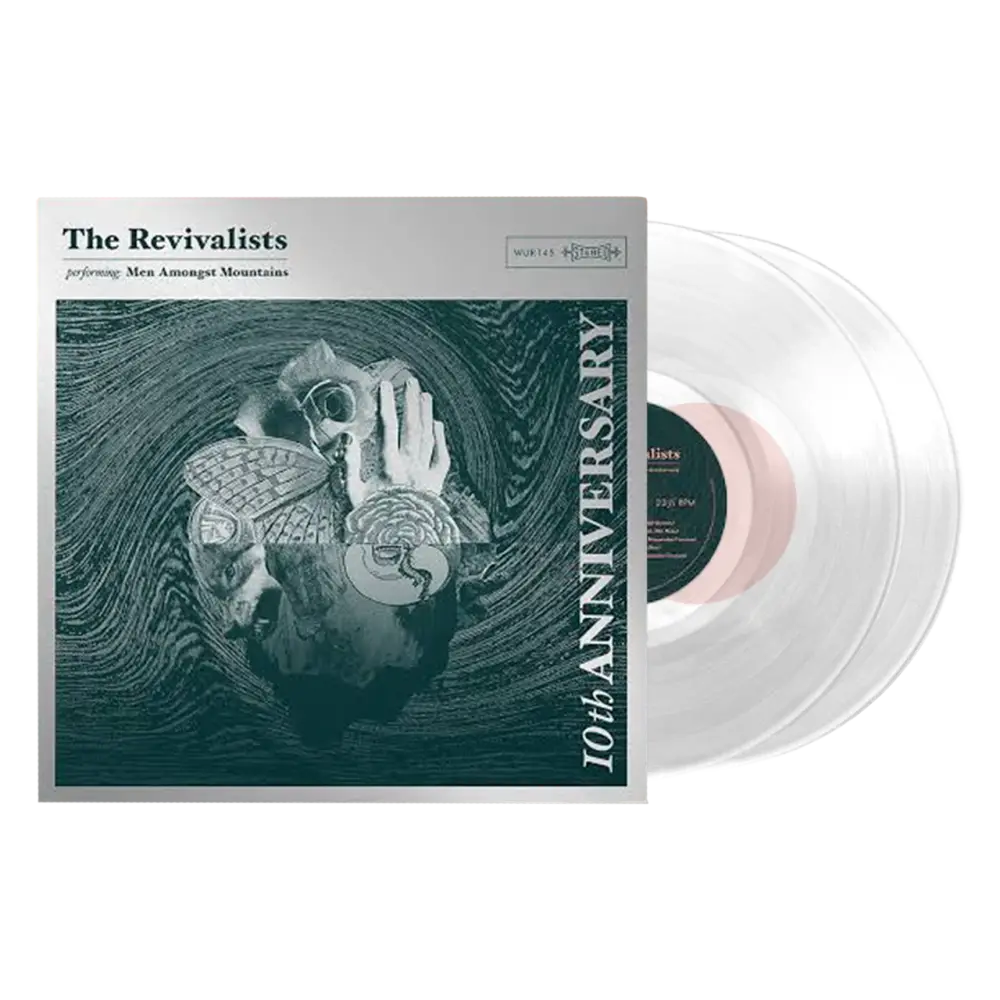 Men amongst mountains 10 year anniversary clear vinyl record with teal and black illustrated album cover and title on disc