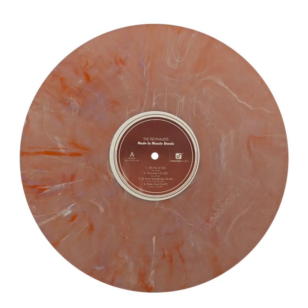 Marbled brown vinyl record with a visible label in the center.