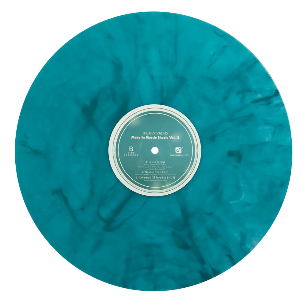 Turquoise marbled vinyl record with a white label in the center.