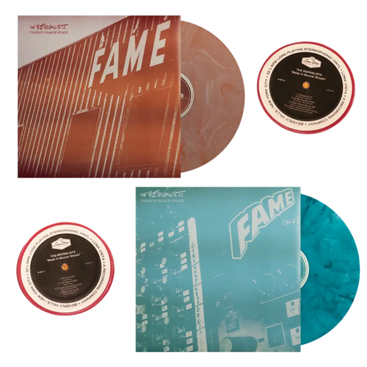 Two vinyl records with album covers featuring the word ’FAME’ in different color schemes.