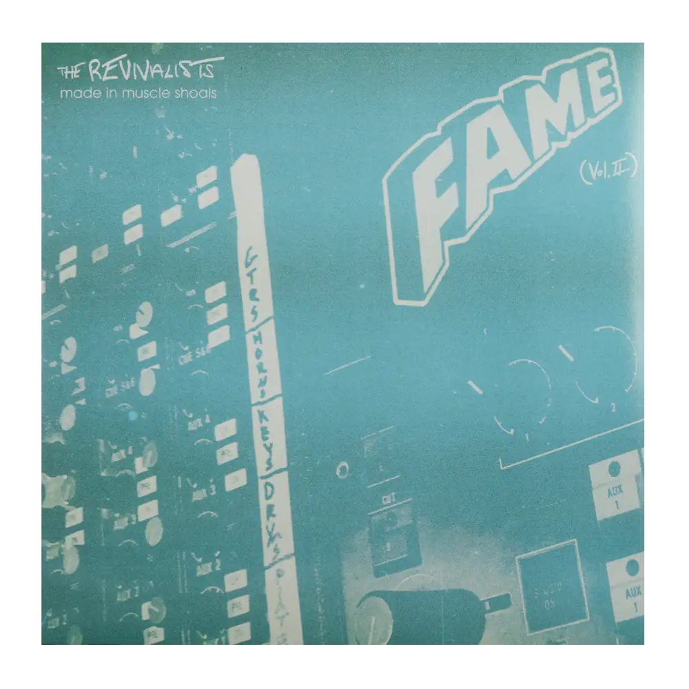 Album cover for ’Fame’ by The Revivalists, featuring a teal-tinted cityscape design.