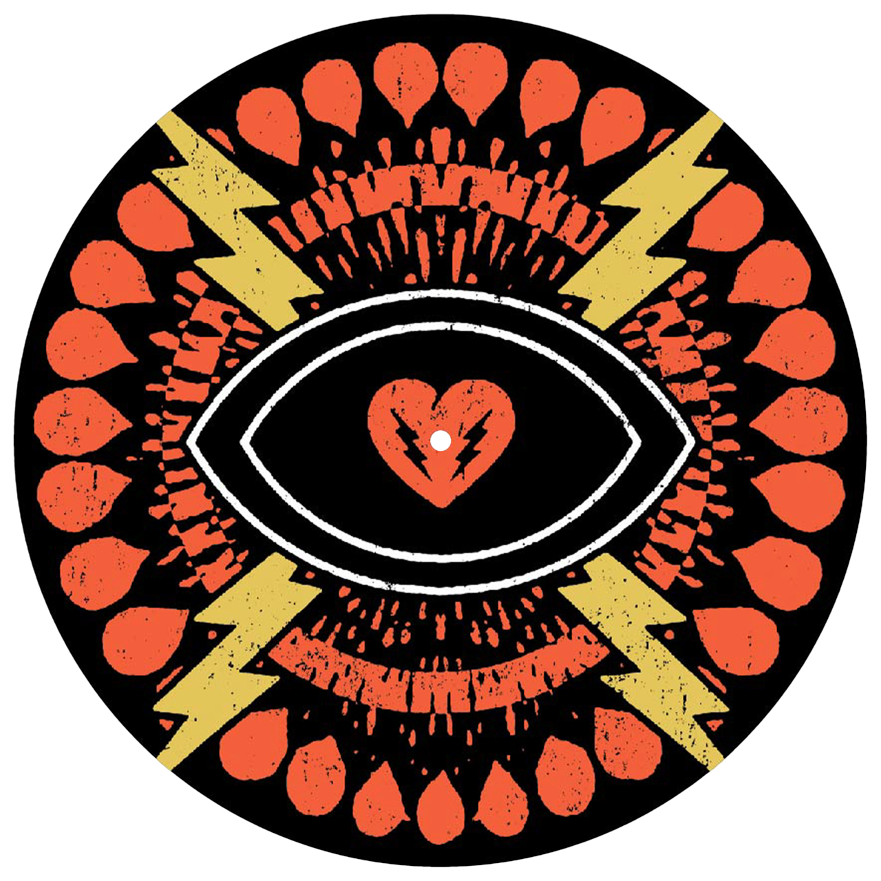 Stylized eye symbol with a heart pupil surrounded by orange petals and yellow lightning bolts.