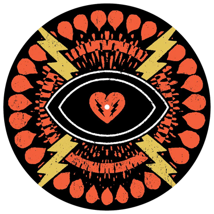 Stylized eye symbol with a heart pupil surrounded by orange petals and yellow lightning bolts.