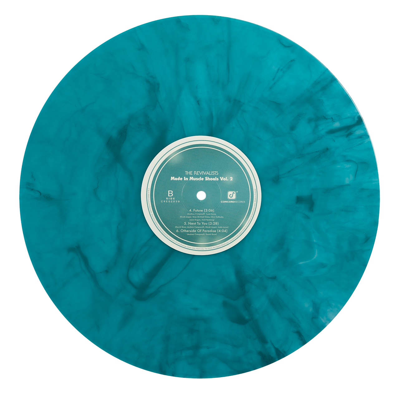 Turquoise marbled vinyl record with a white label in the center.