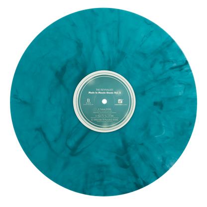 Turquoise marbled vinyl record with a white label in the center.