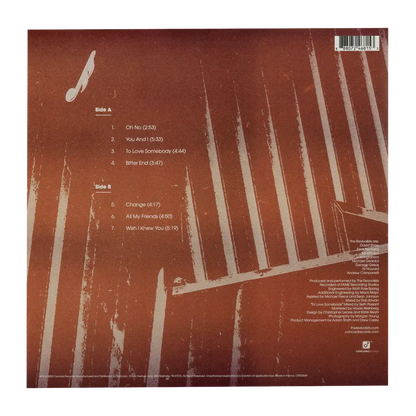 Vinyl record album back cover with track listings on a reddish-brown background.