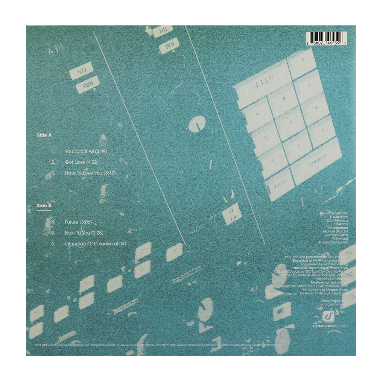 Vinyl record album back cover with track listings and production information on a teal background.