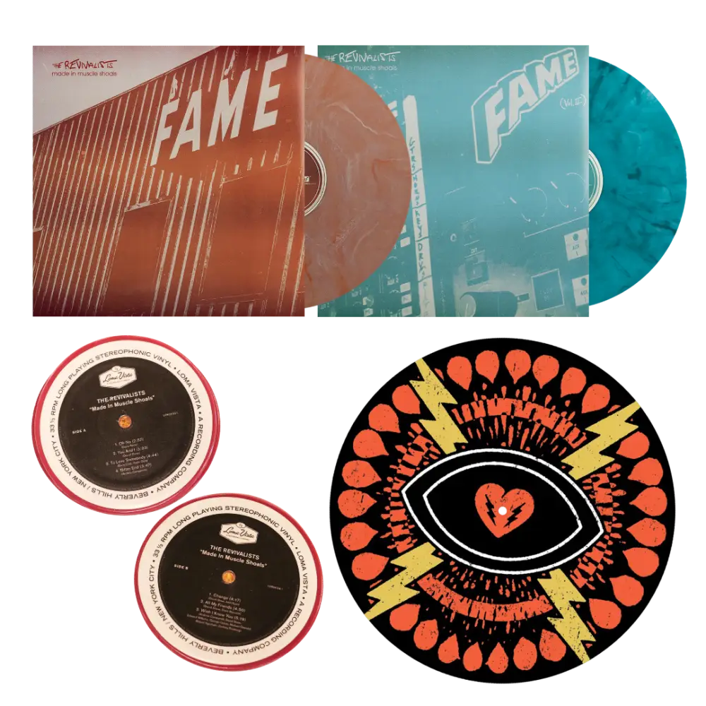 Collection of vinyl records featuring the album ’Fame’ in different colors and designs.