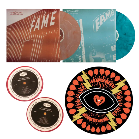 Collection of vinyl records featuring the album ’Fame’ in different colors and designs.