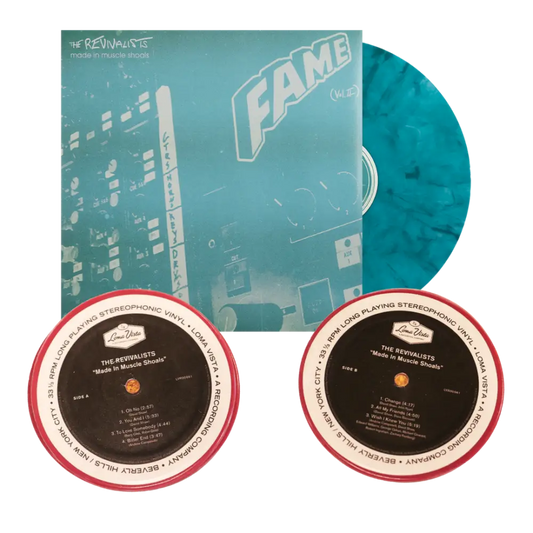 Turquoise vinyl record album with ’FAME’ printed on the cover, accompanied by two record labels.