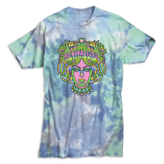 Tie-dye t-shirt featuring a psychedelic face design with colorful hair and ’Revivalist’ text.