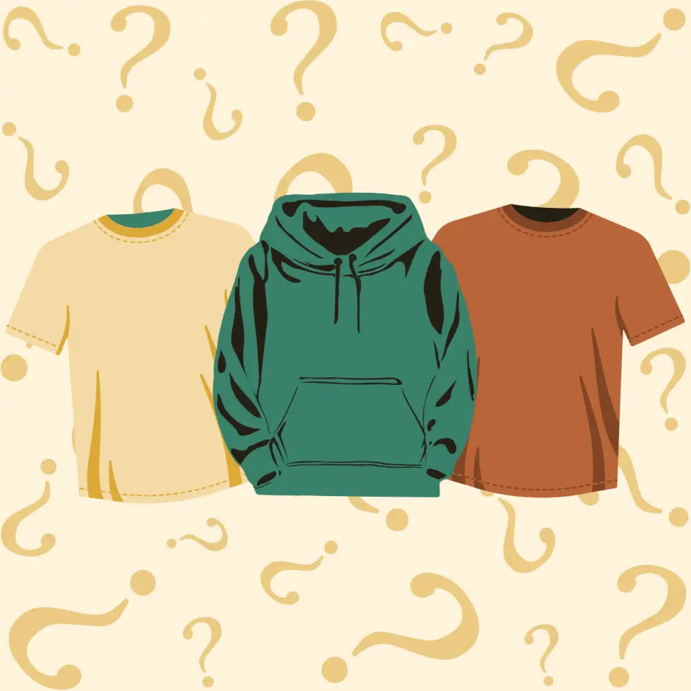 Three shirts on hangers with question marks on a beige background