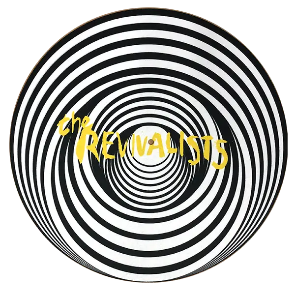 Circular black and white optical illusion pattern with yellow text reading ’The Vamps’ in the center.