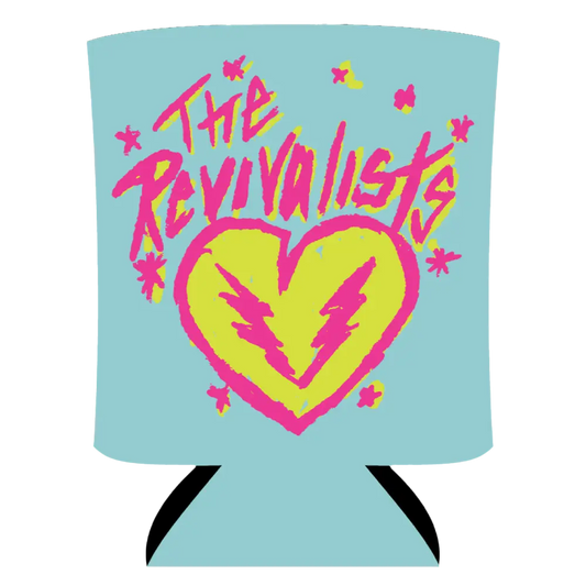 Beverage cooler sleeve with ’The Revivalists’ logo featuring a heart and lightning bolts in bright colors.