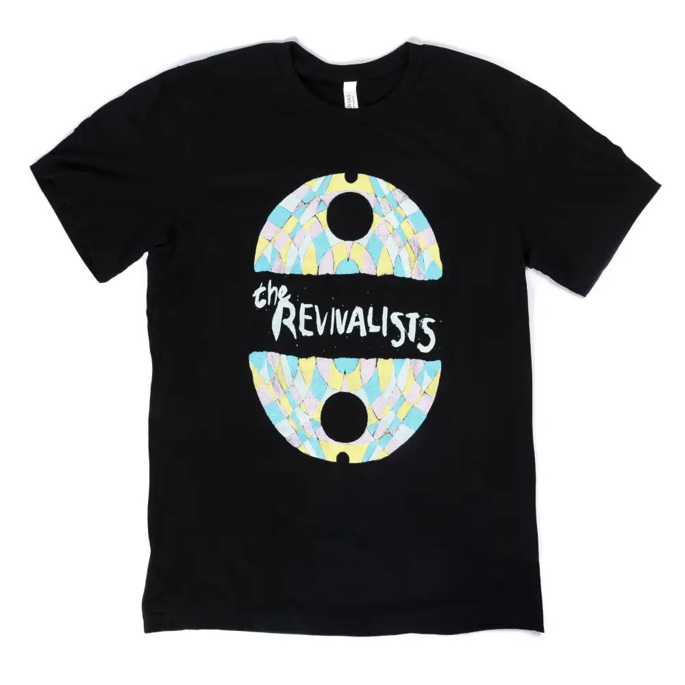 Black t-shirt featuring a colorful abstract design and ’The Revivalists’ text.