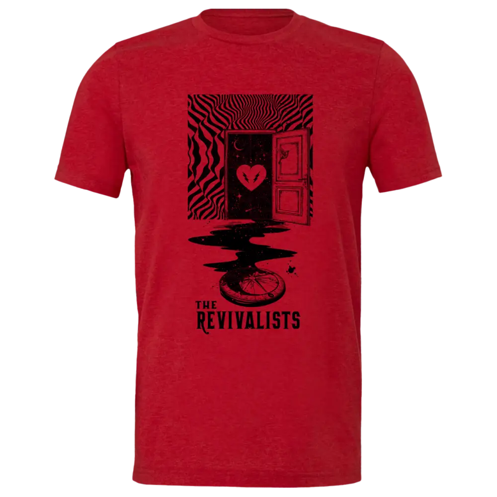 Red t-shirt with a black graphic design featuring a door, heart, and ’The Revivalists’ text.