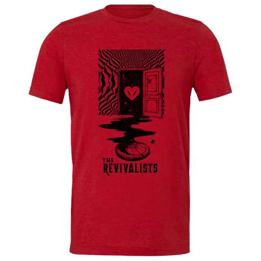 Red t-shirt with a black graphic design featuring a door, heart, and ’The Revivalists’ text.